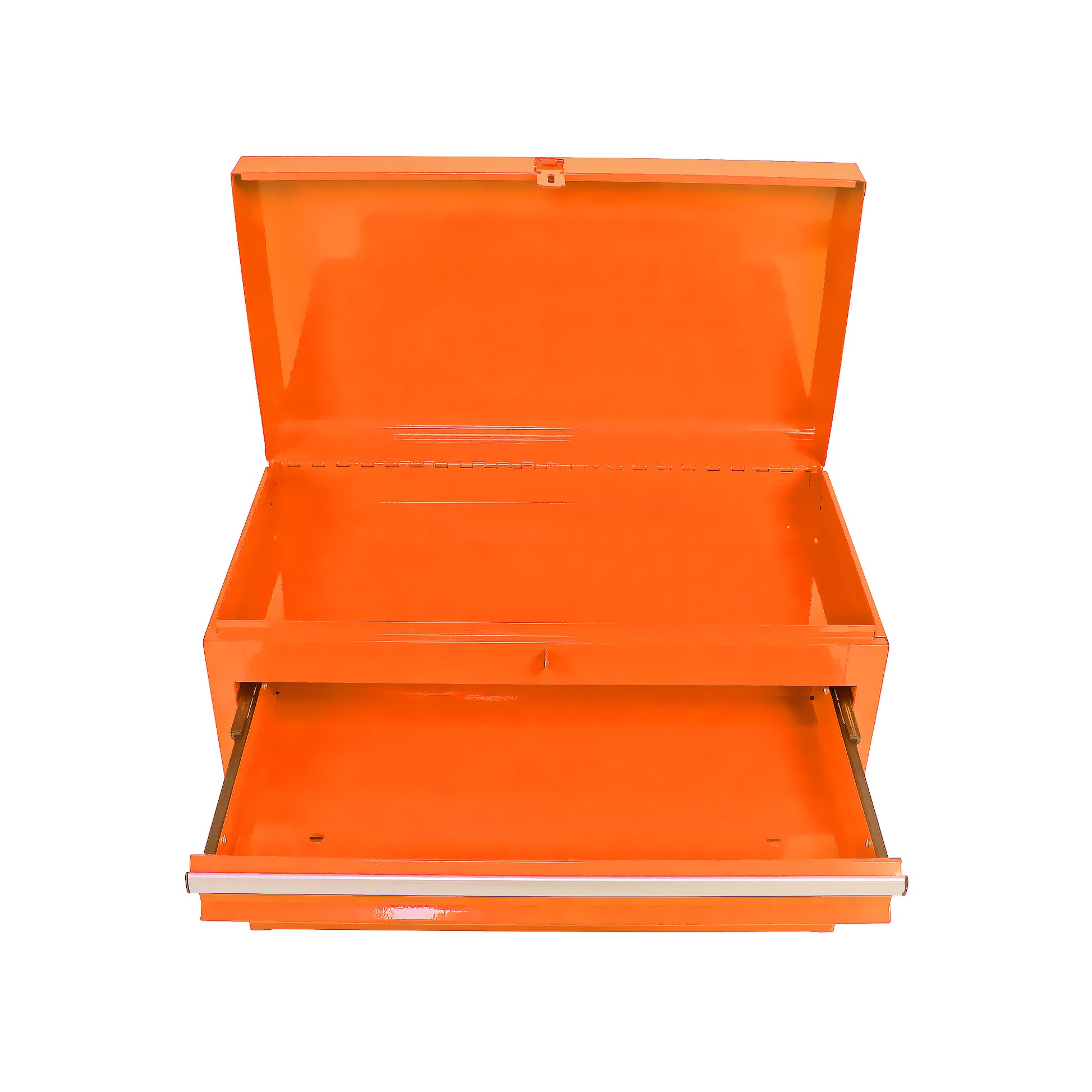 Bright orange metal tool chest with open lid and pullout drawer for organized storage