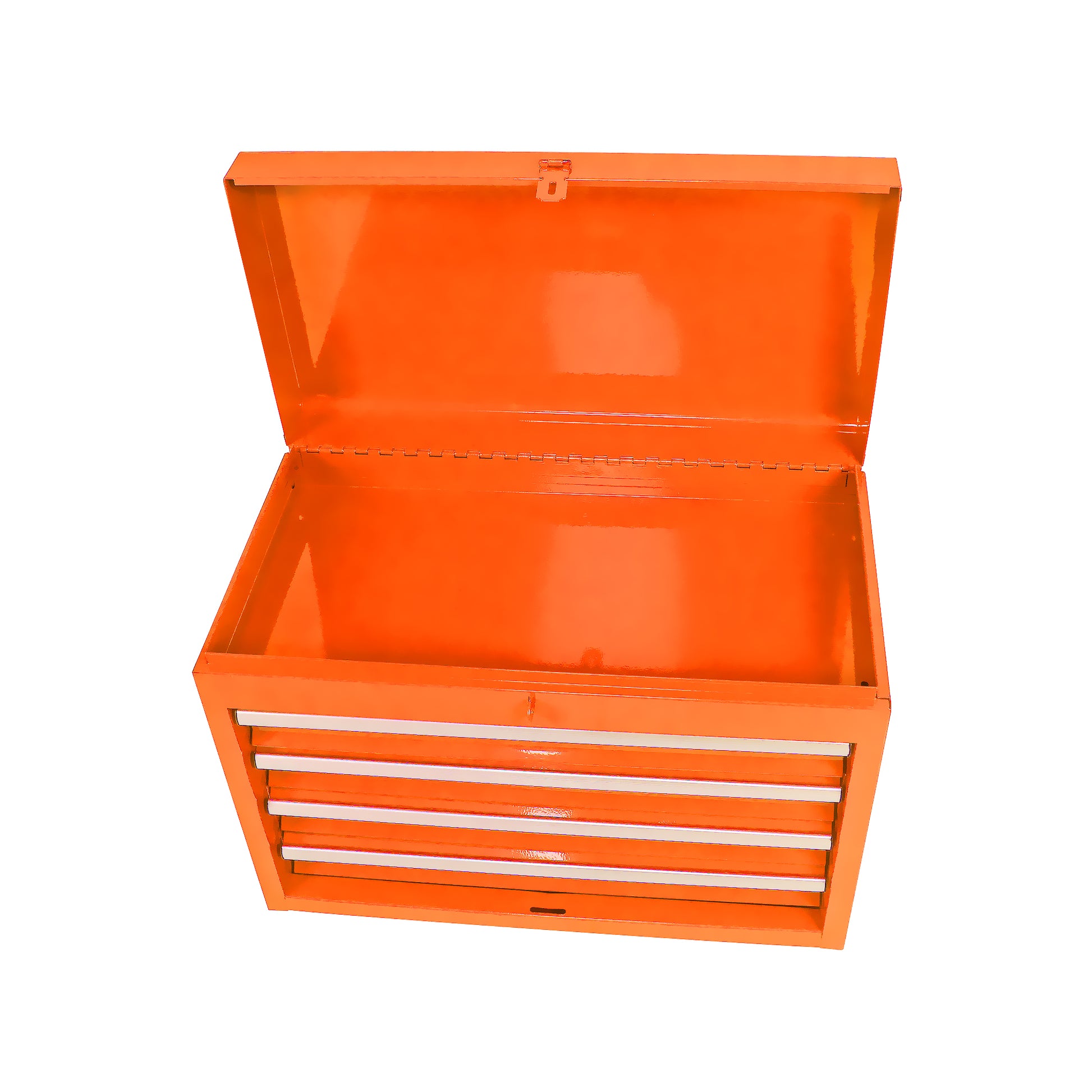 Orange metal toolbox with four drawers and open lid