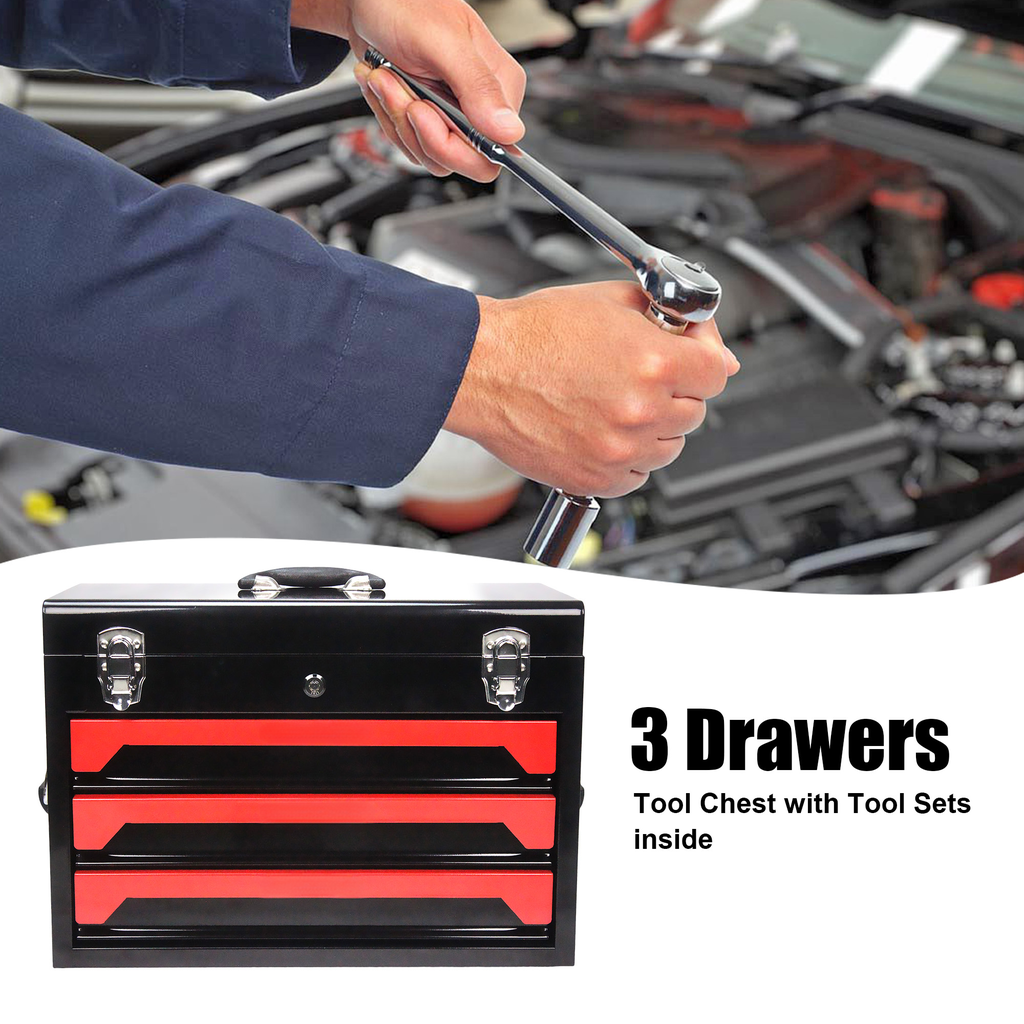 Black metal tool chest with  red drawers