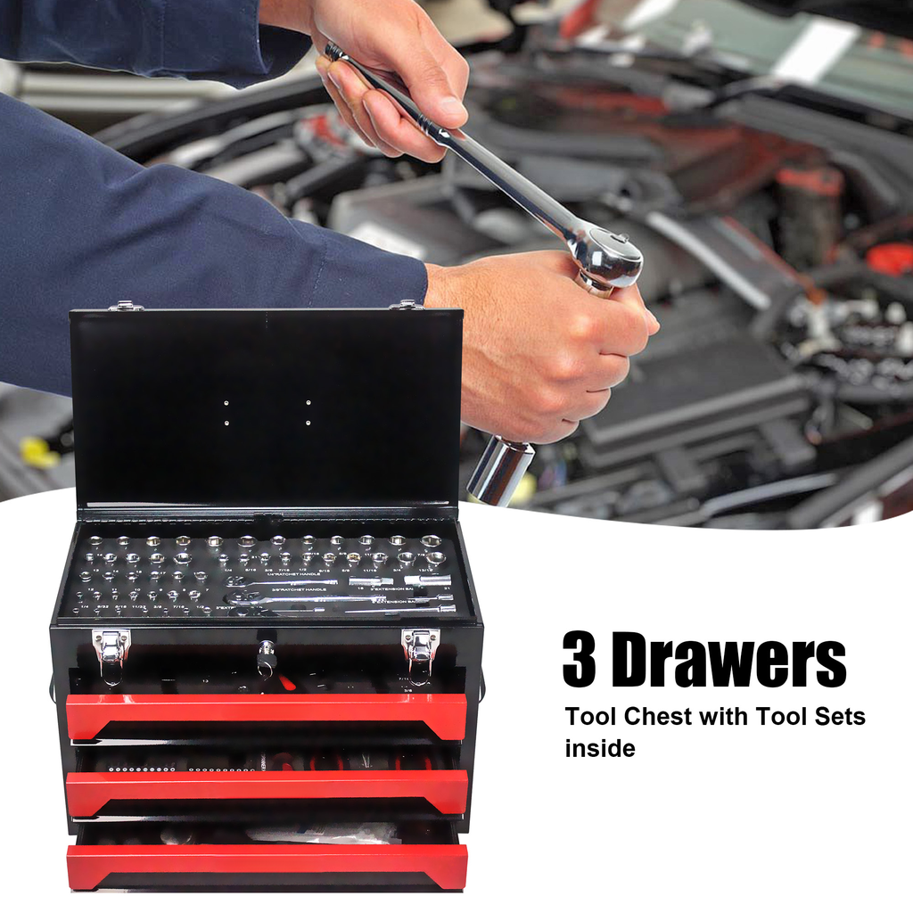 Black drawer tool chest with red accents and a comprehensive socket set inside