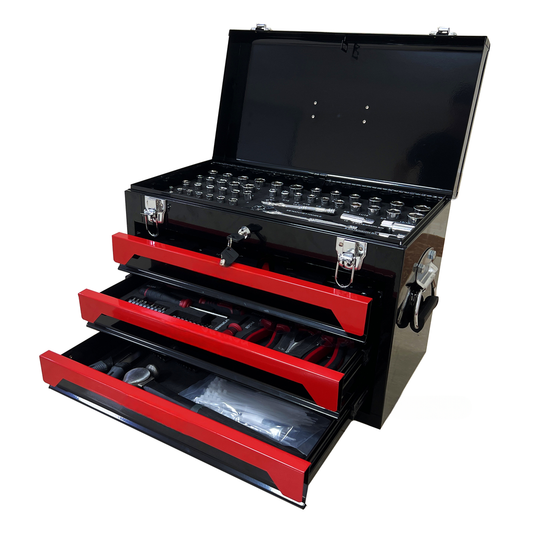 Black metal drawer toolbox with red trim open lid revealing socket set
