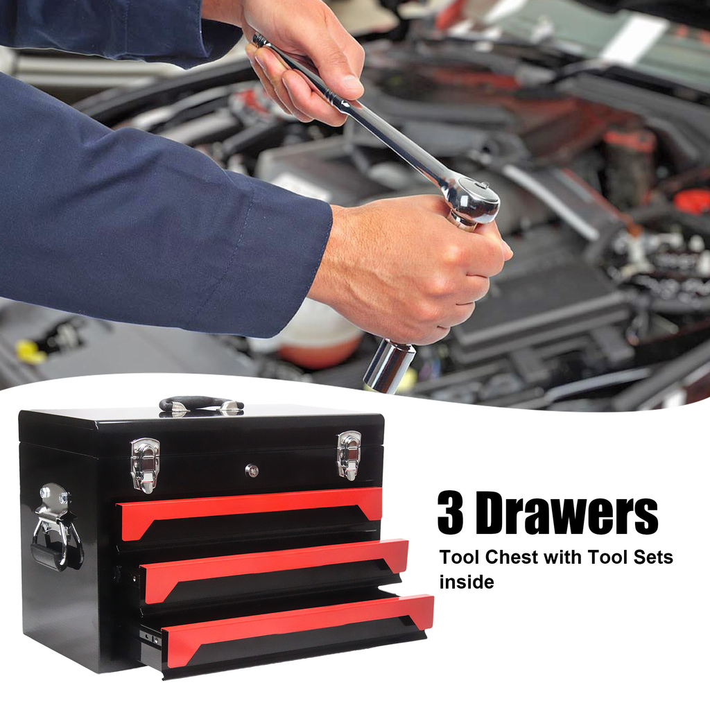 Black metal drawer tool chest with red accents ideal for mechanic organization