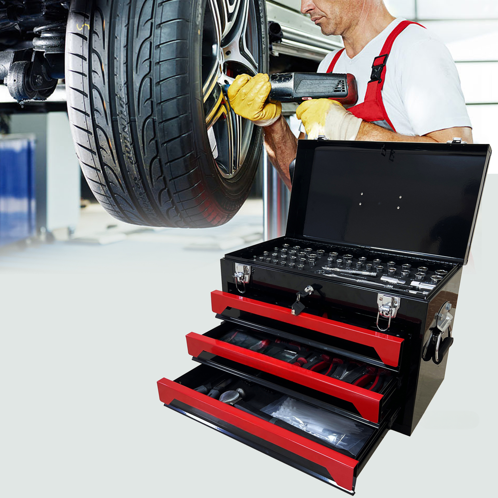 Black and red mechanics tool chest filled with sockets and wrenches