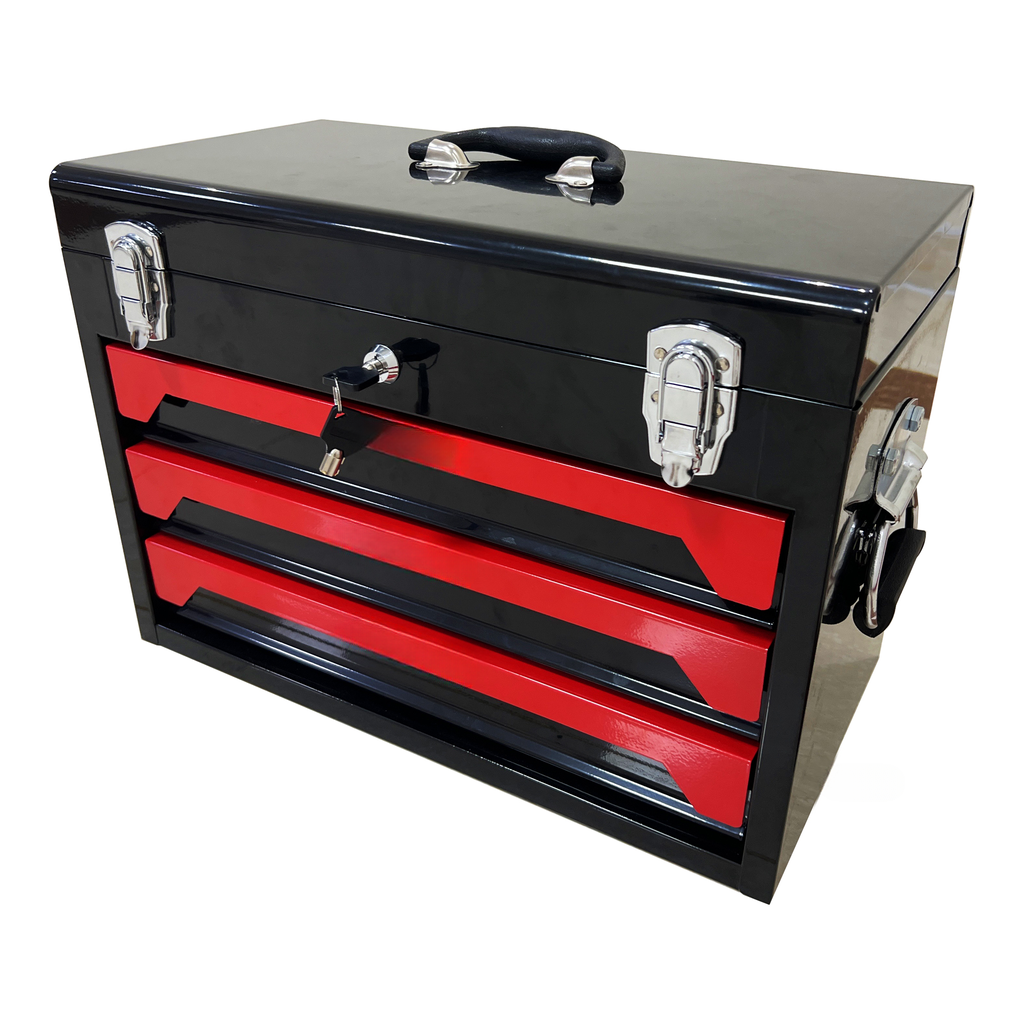 Black metal toolbox with red drawers and key