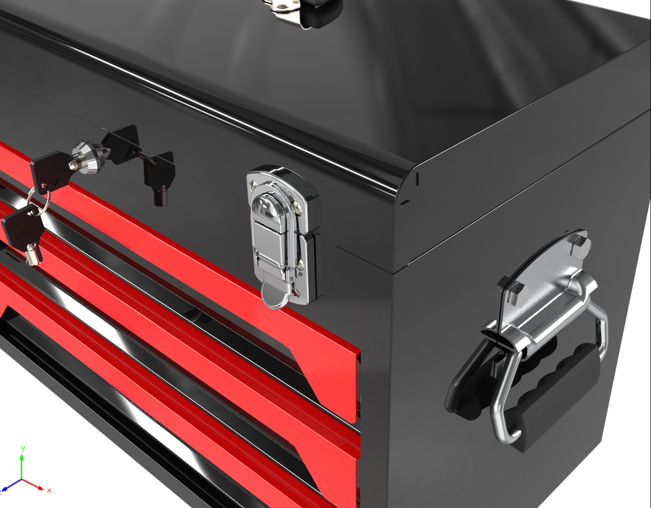 Black metal toolbox with red drawers featuring two keys