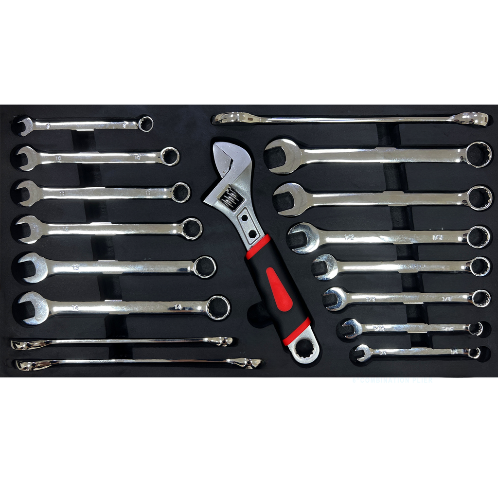 Adjustable wrench set with various sized wrenches in organizer tray