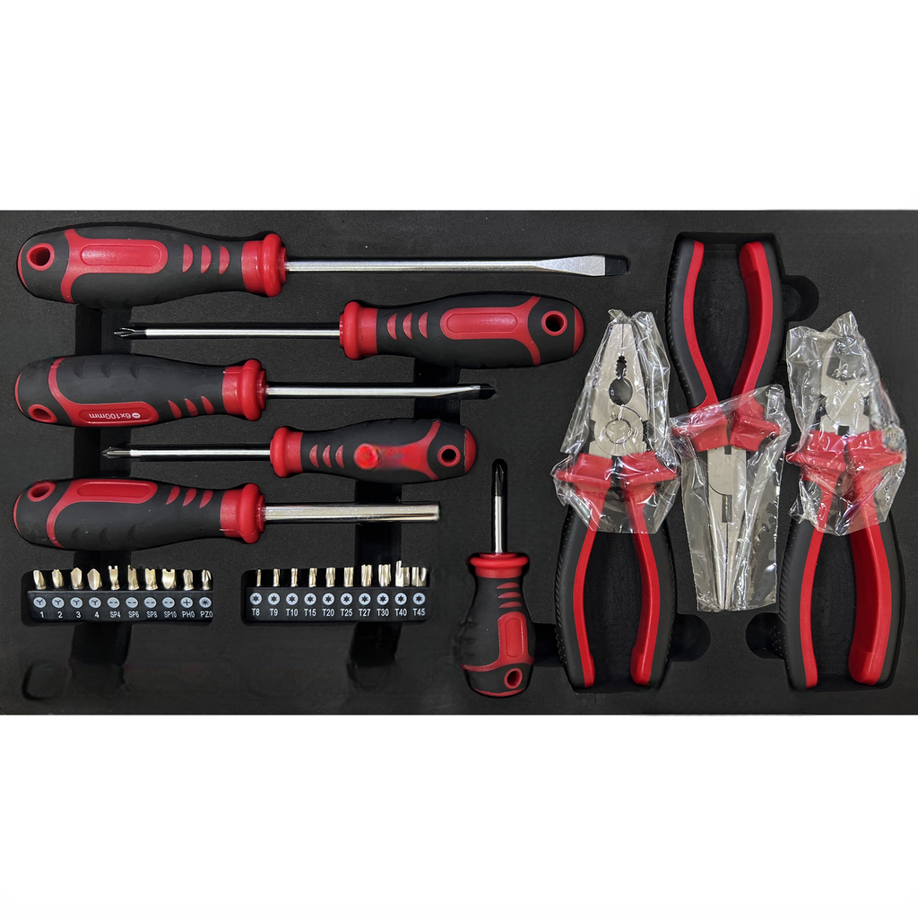 Red and black screwdriver set with assorted bits
