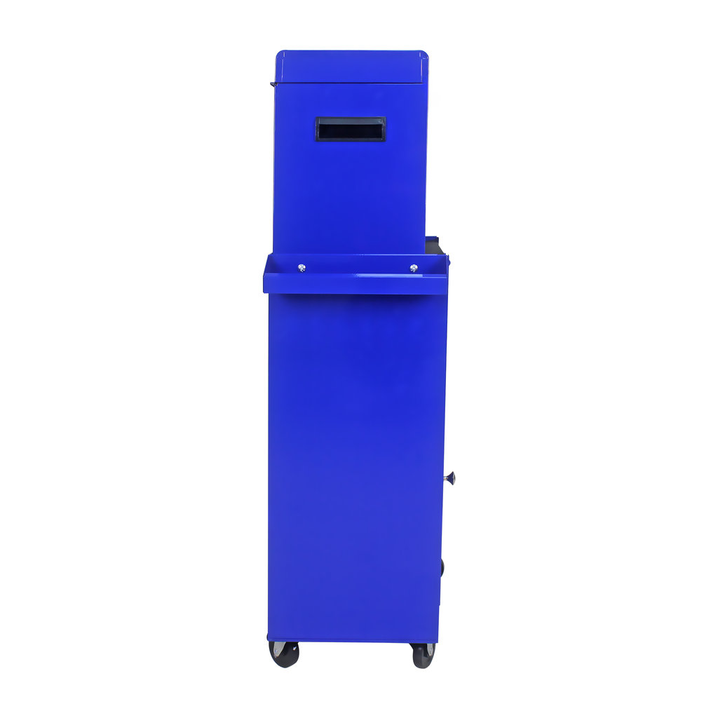 Blue metal rolling tool chest with black handle and tray