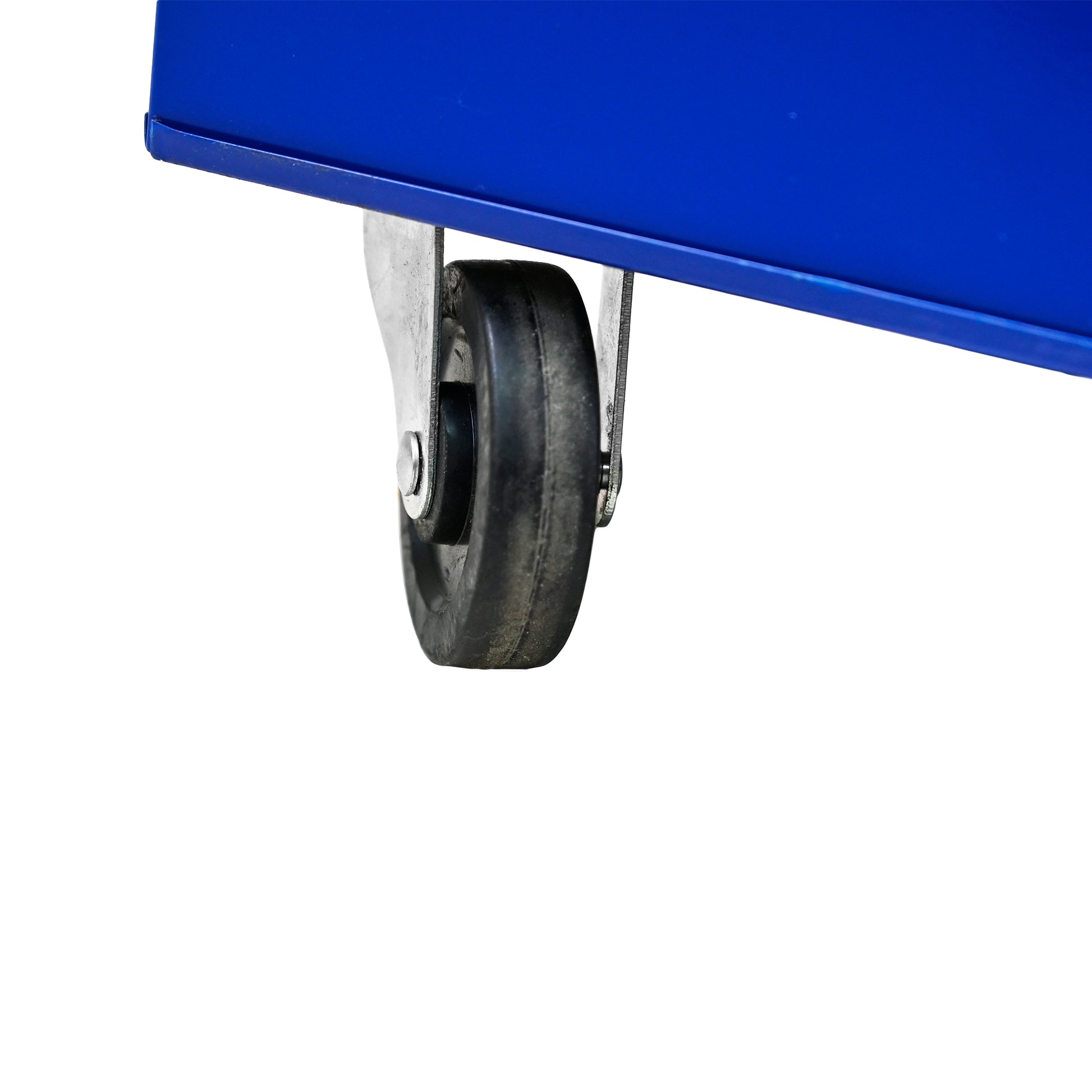 Blue metal caster wheel with metal mounting bracket on white background