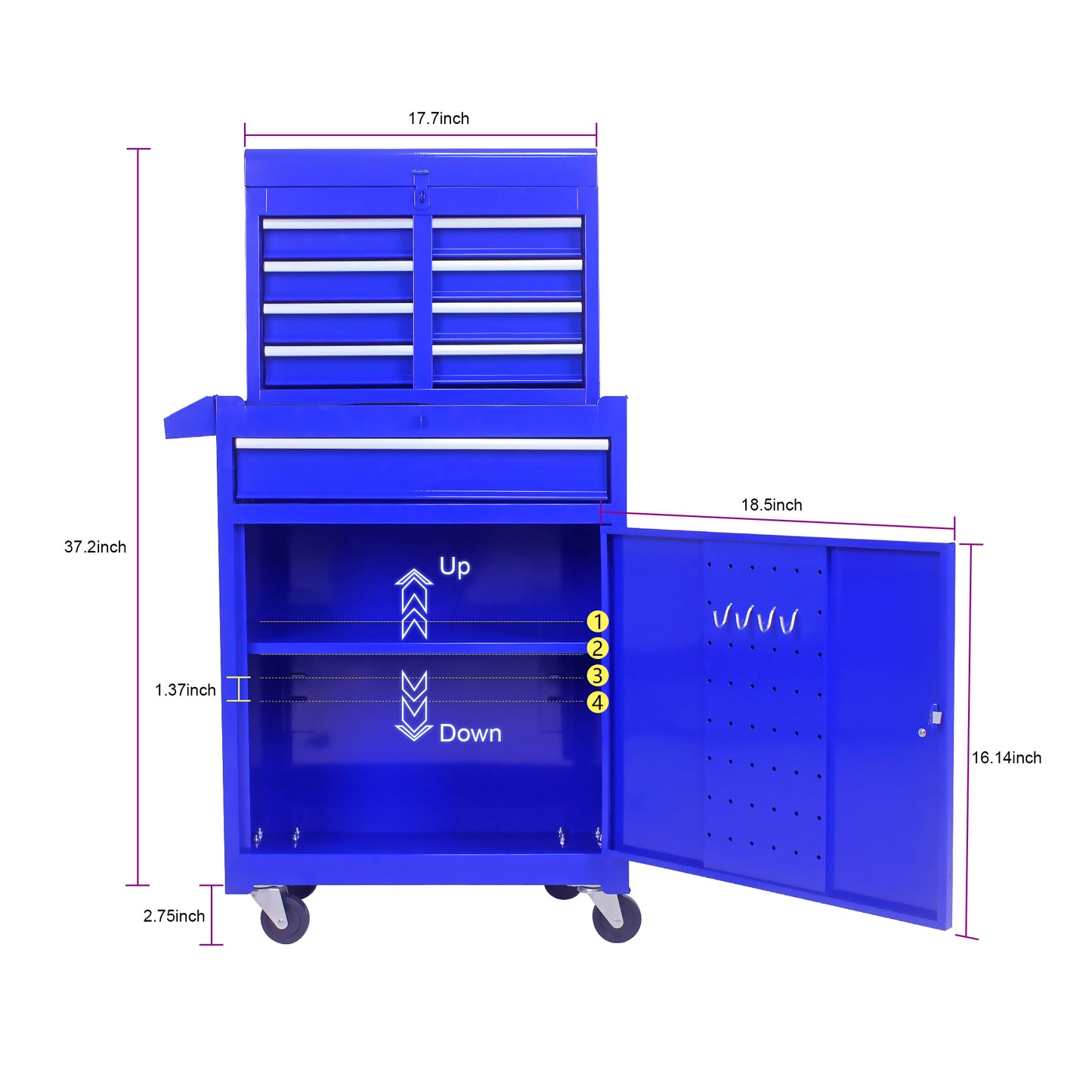 Blue rolling tool chest with multiple drawers and open cabinet revealing pegboard