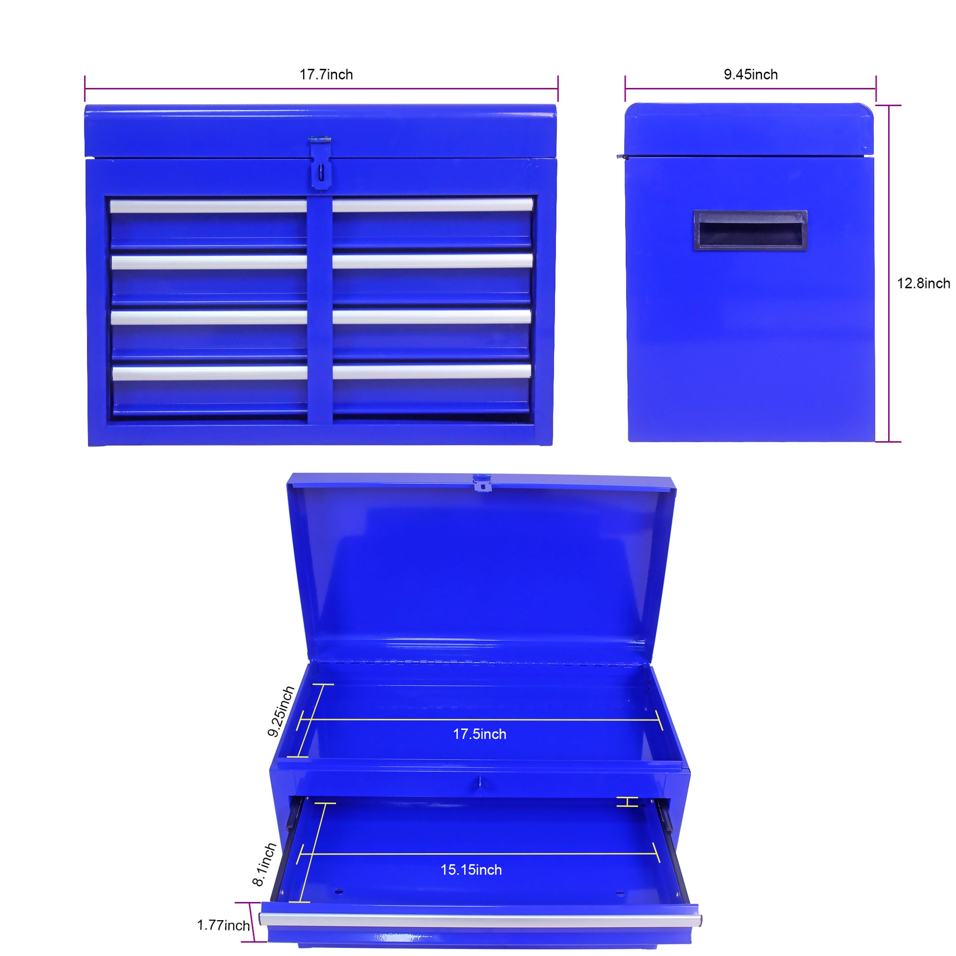 Blue metal toolbox with  drawers and a top storage compartment for tools
