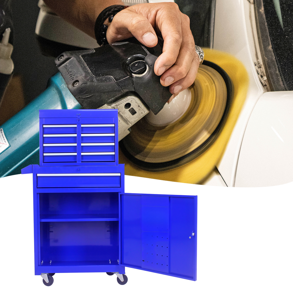 Blue mobile tool chest with multiple drawers for organizing auto repair tools