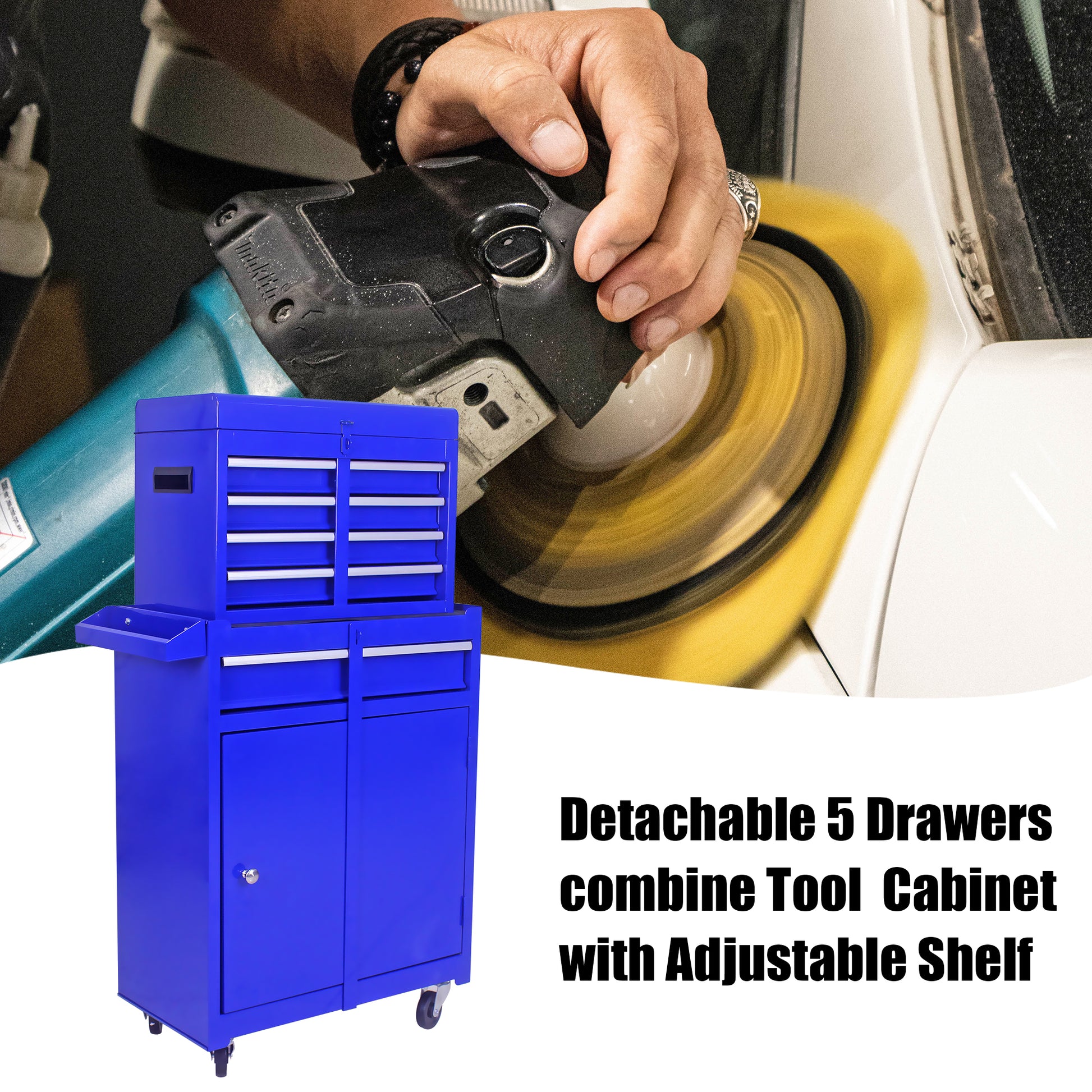 Blue drawer tool cabinet with adjustable shelf