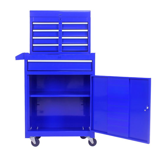 Blue mobile tool chest with multiple drawers and open cabinet door