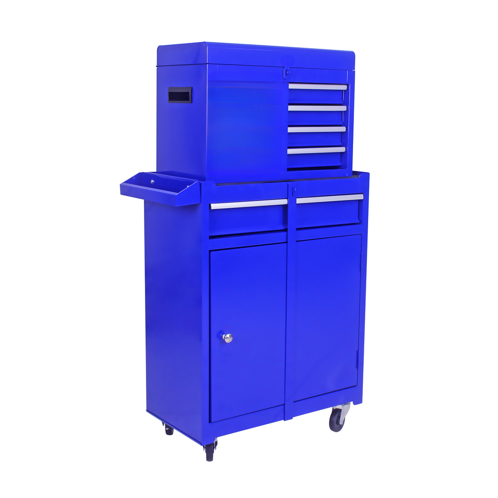 Blue rolling tool chest with multiple drawers and cabinet space