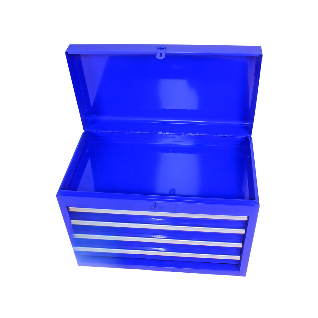 Blue metal toolbox with four drawers and open lid