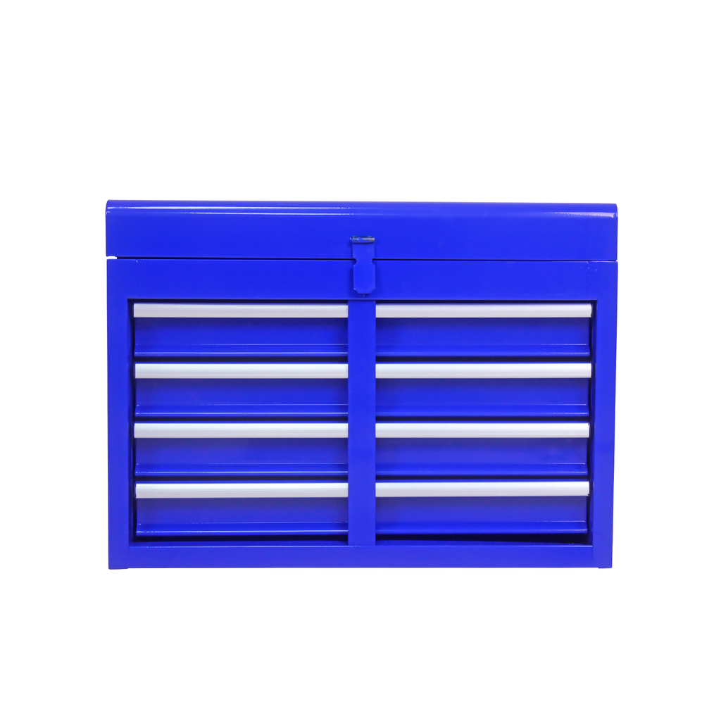 Blue metal tool chest with  drawers and silver handles