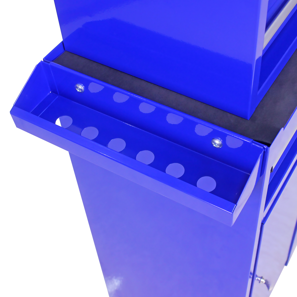 Closeup of a blue metal tool chest with a tray holding tools