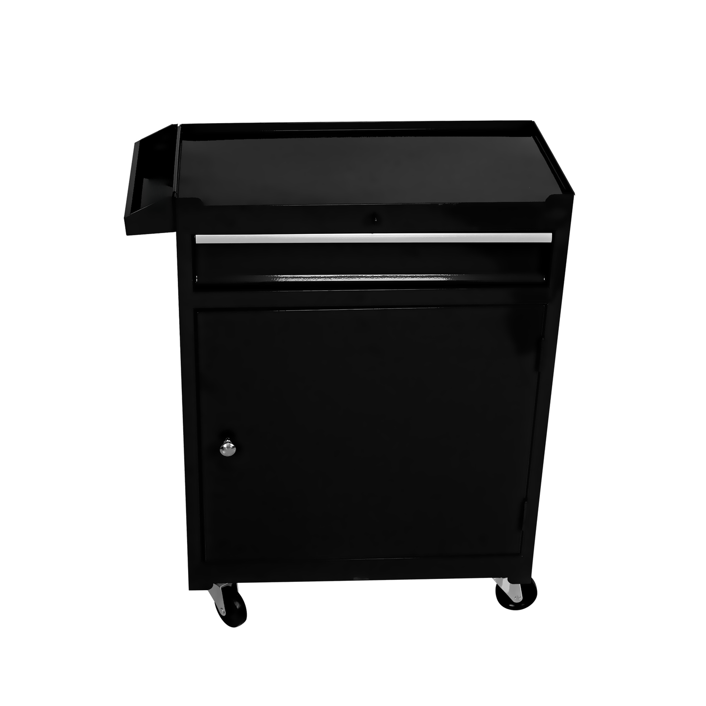 Black metal rolling cart with one drawer and a cabinet door