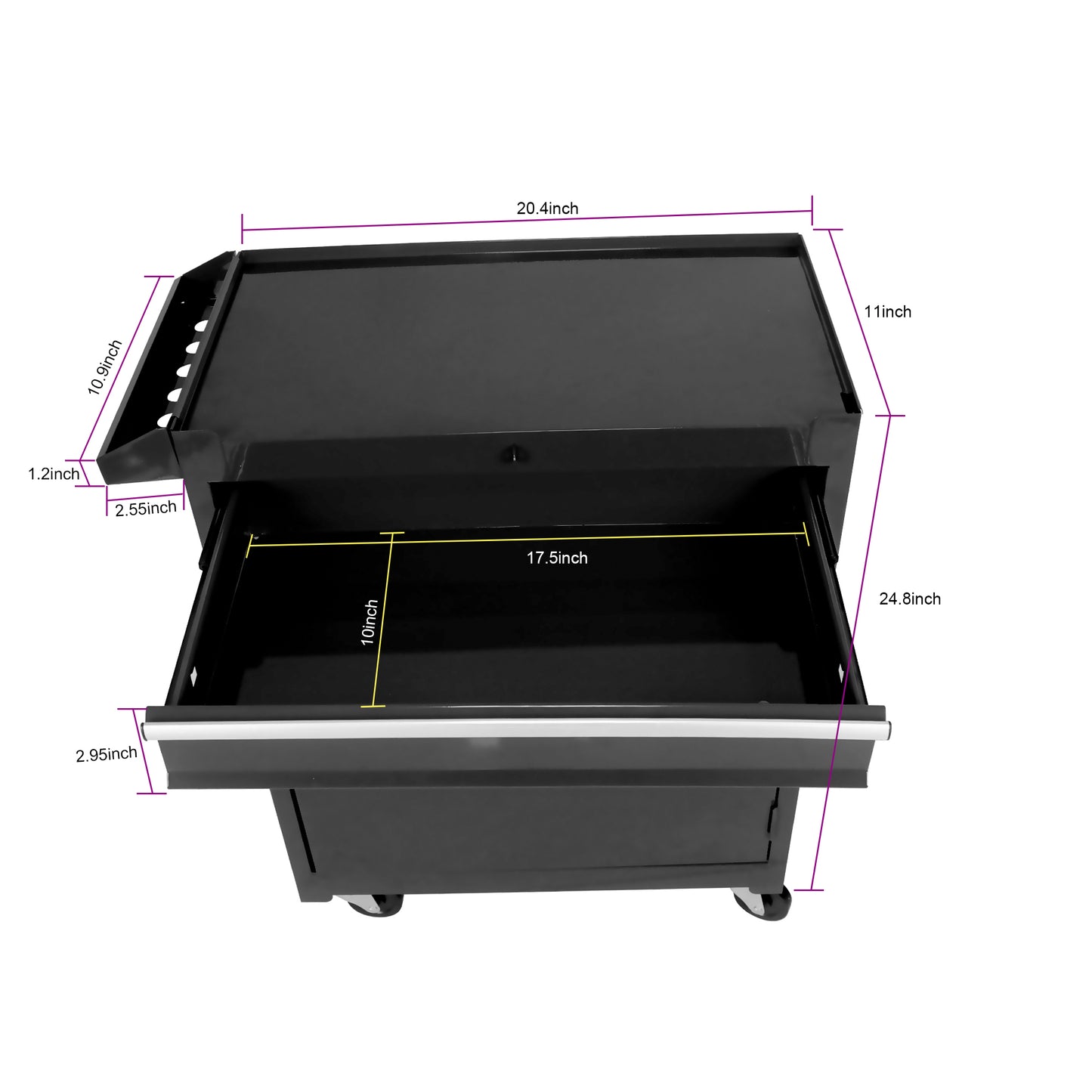 Black metal rolling tool cart with one large open drawer and side tool holders