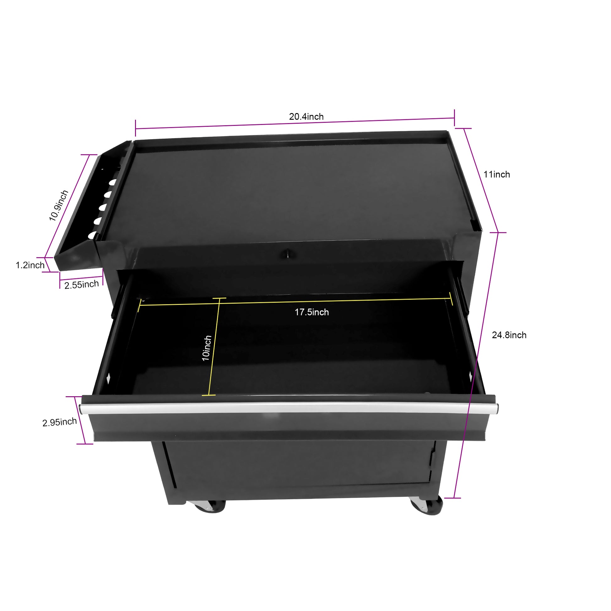 Black metal rolling tool cart with one large open drawer and side tool holders