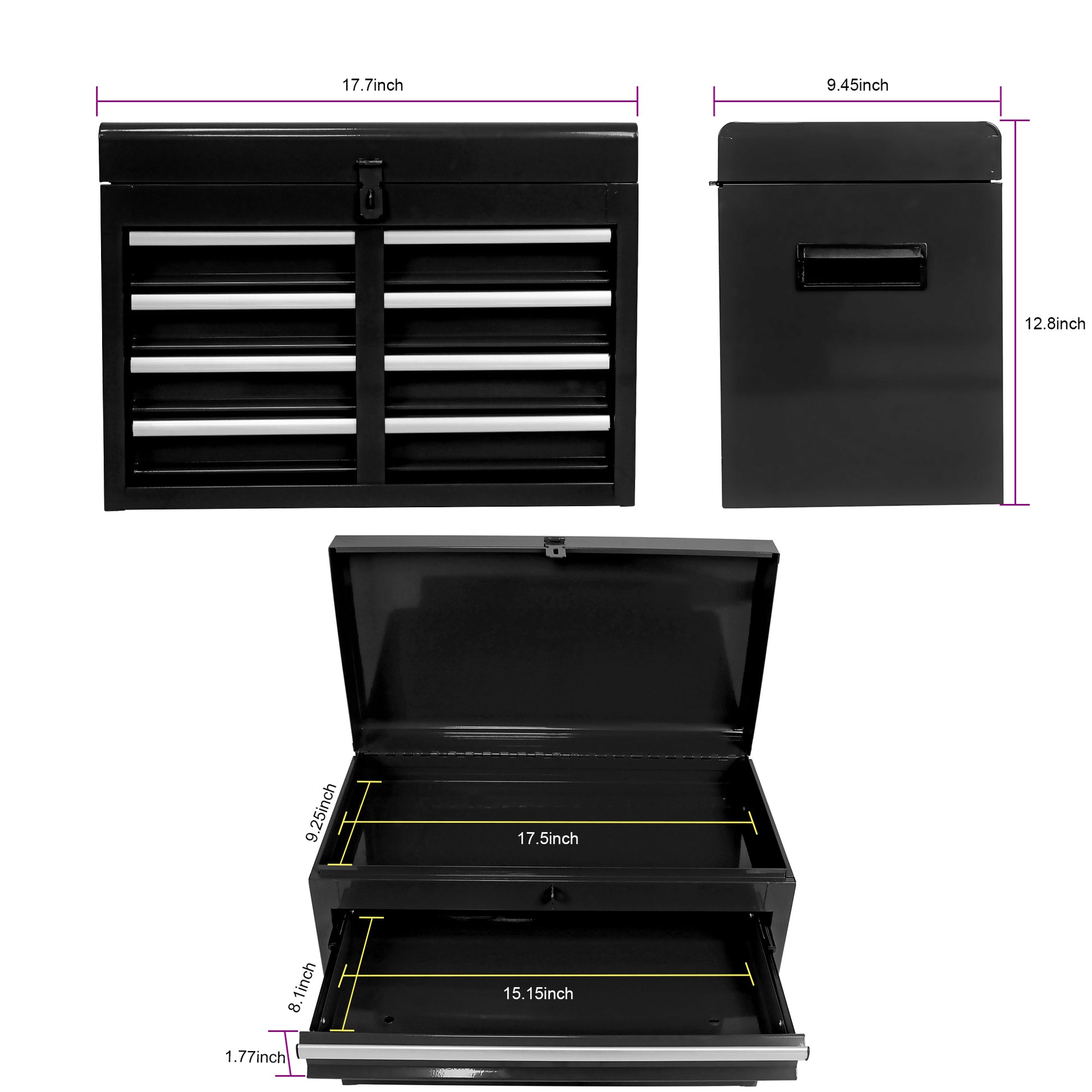Black metal toolbox with  drawers for tool organization