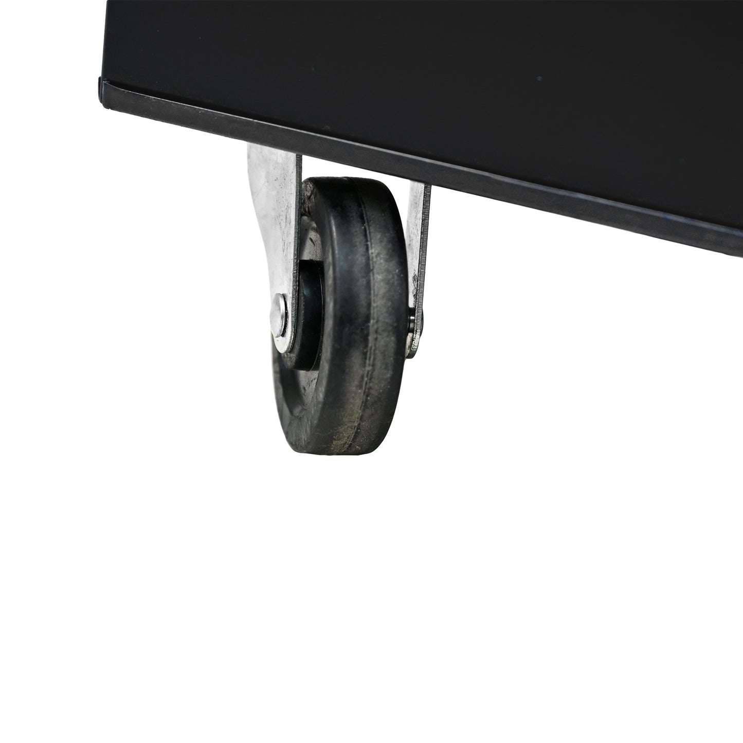 Black metal caster wheel with silver hardware
