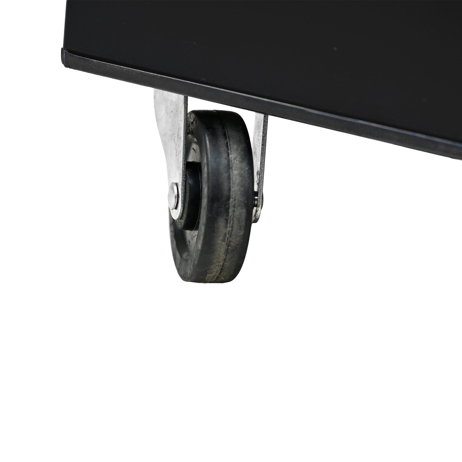 Black metal caster wheel with silver hardware