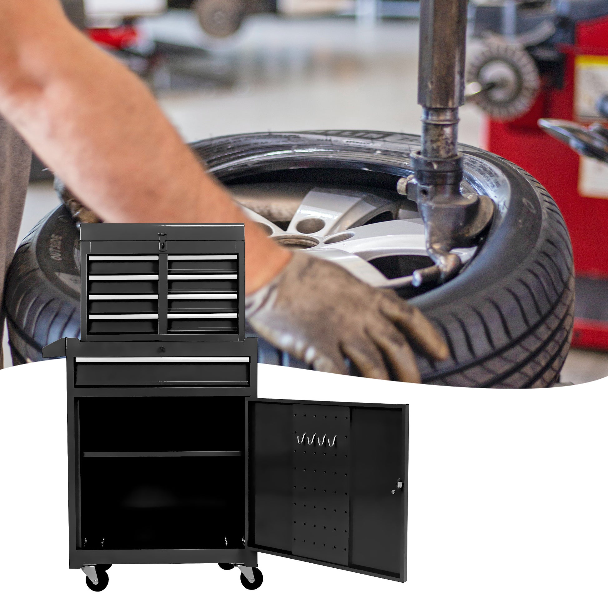 Black drawer tool chest with casters and open compartment