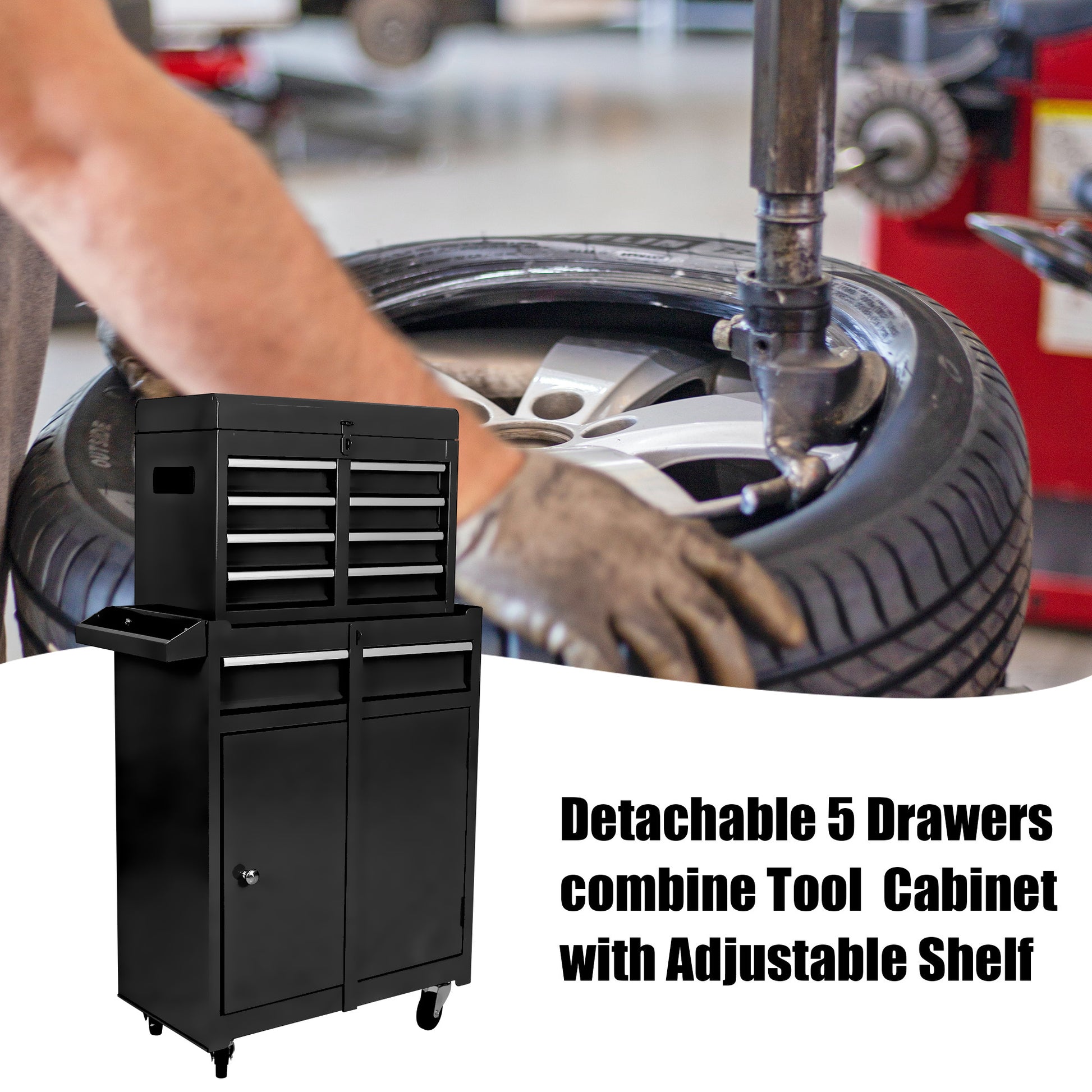 Black detachable  drawers tool cabinet with wheels and adjustable shelf