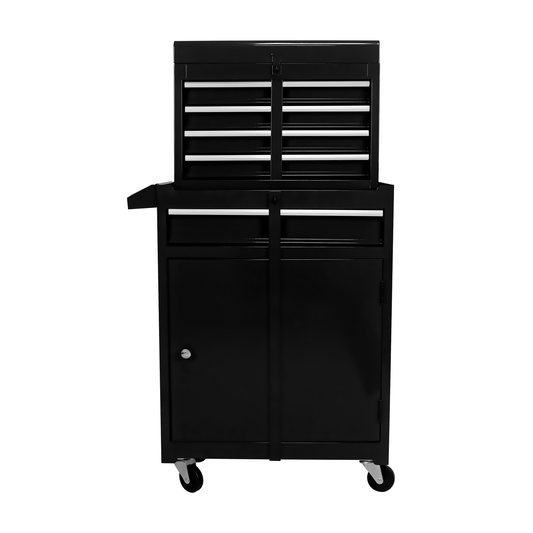 Black metal rolling tool chest with multiple drawers and cabinet