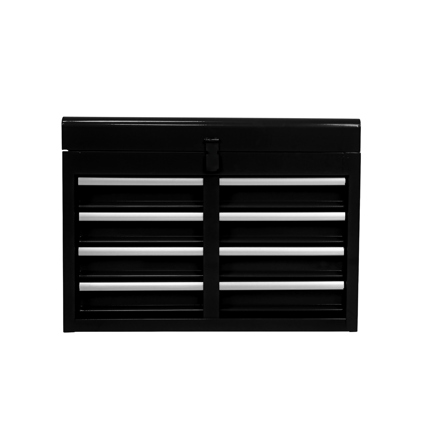 Black metal tool chest with seven drawers and silver handles