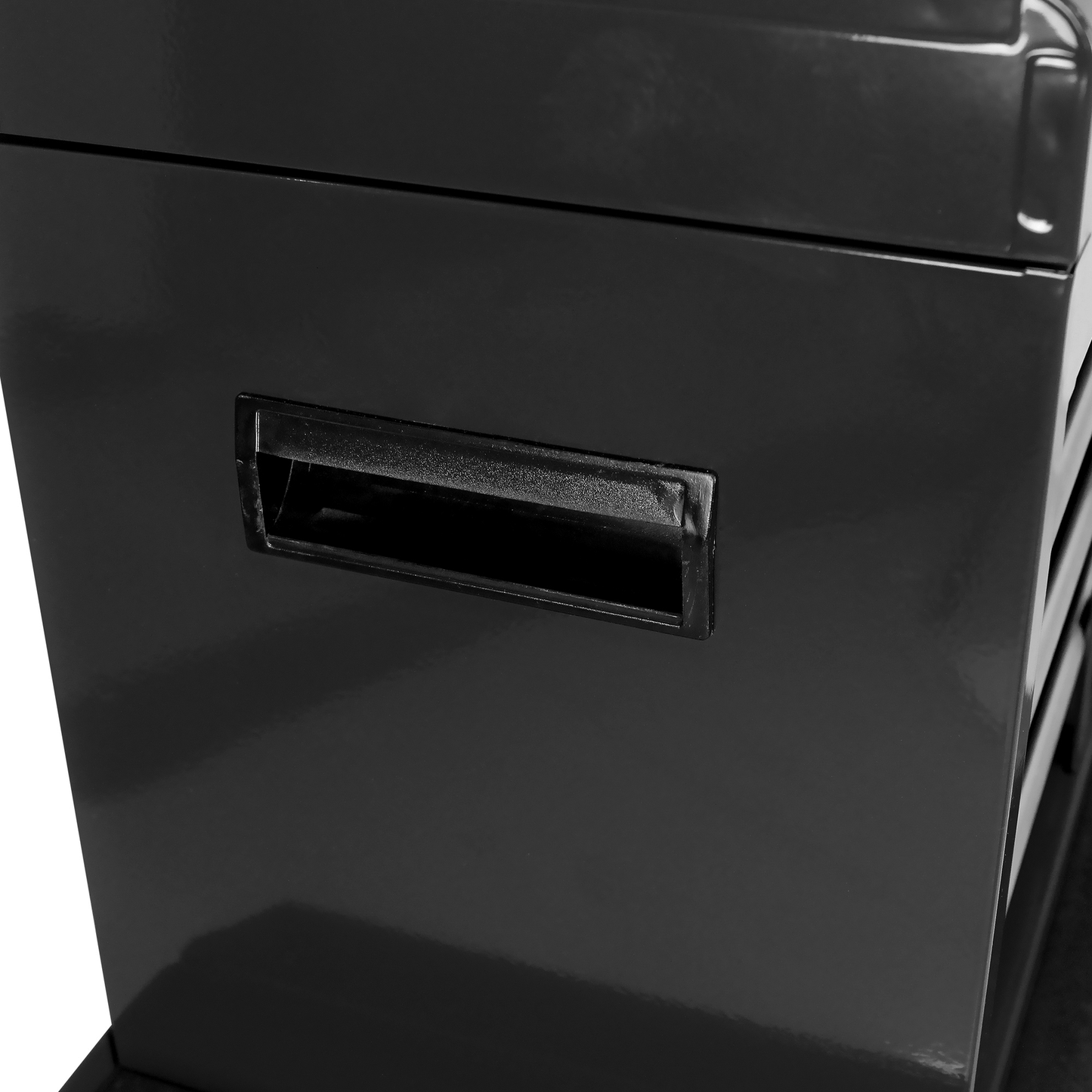 Black metal storage cabinet with recessed handle and visible drawer slides