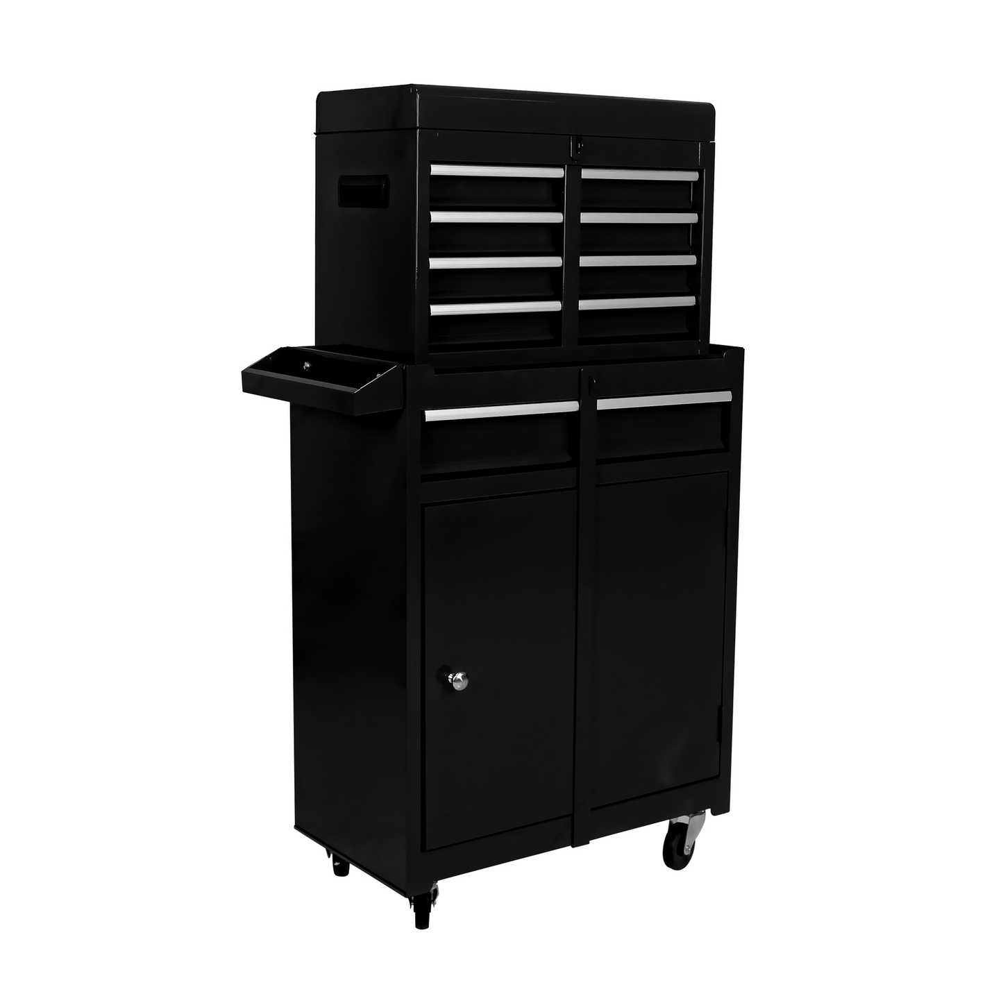 Black rolling tool chest with multiple drawers and cabinets