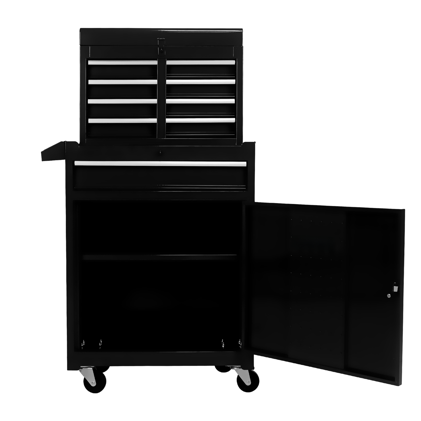Black multidrawer tool chest with open cabinet and wheels