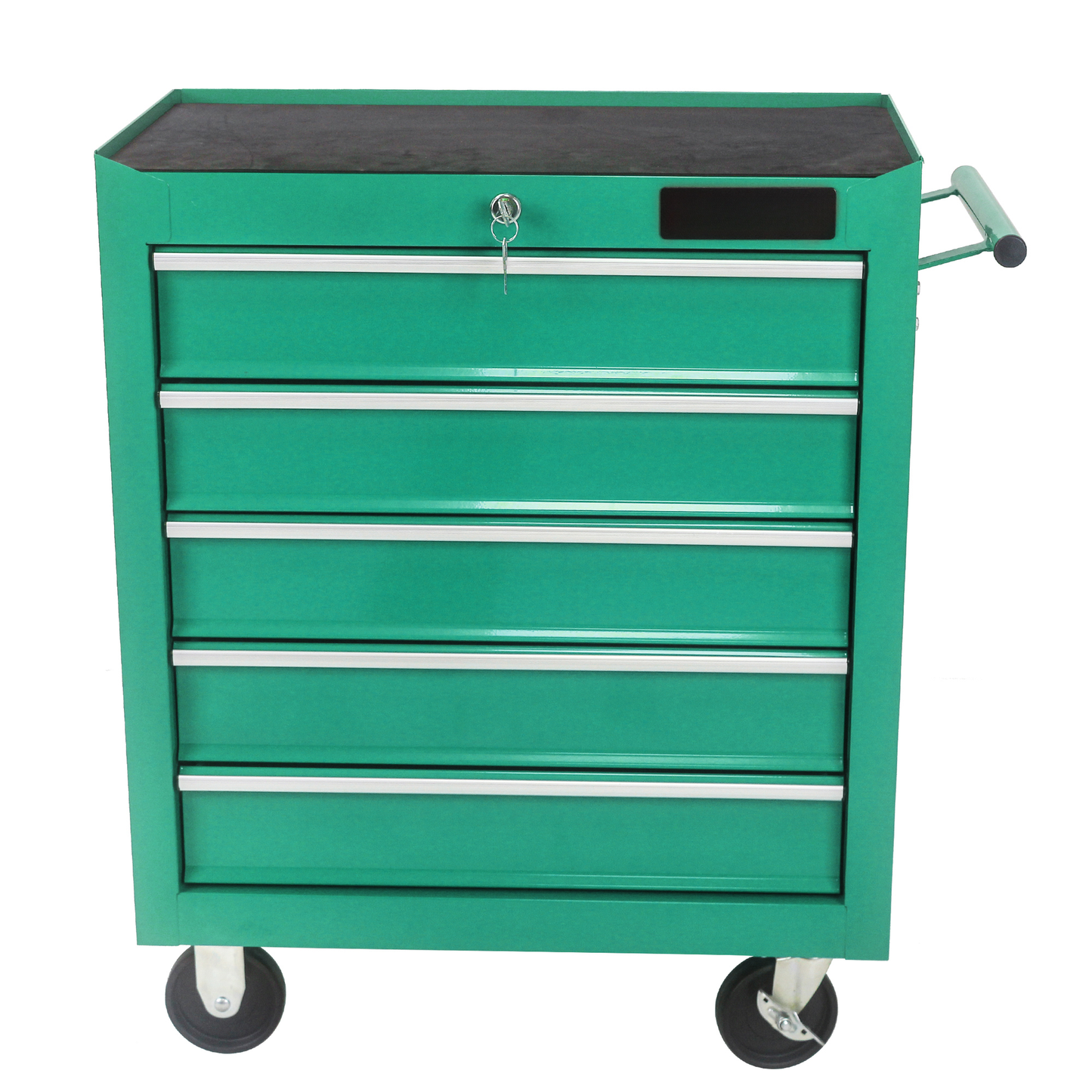 Green drawer rolling tool chest with black mat top and silver handles