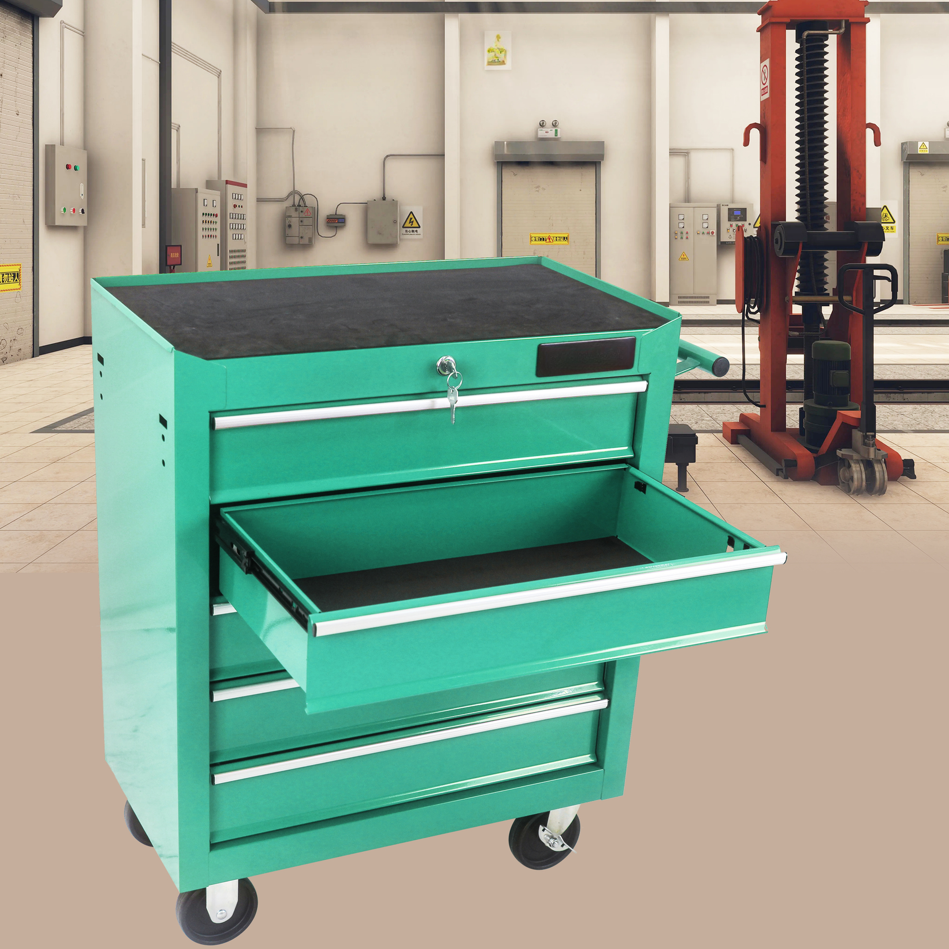 Green metal rolling tool chest with three drawers and a black top  characters