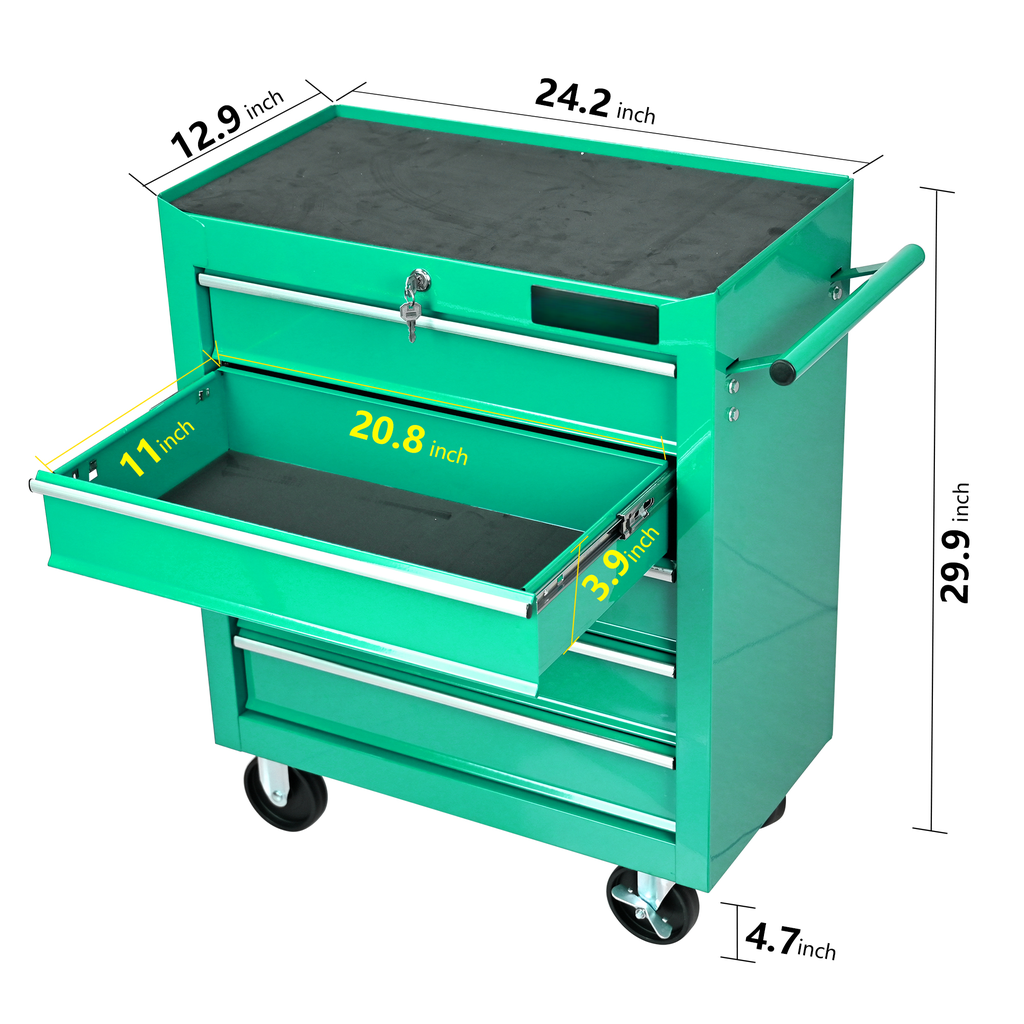 Green rolling tool chest with multiple drawers