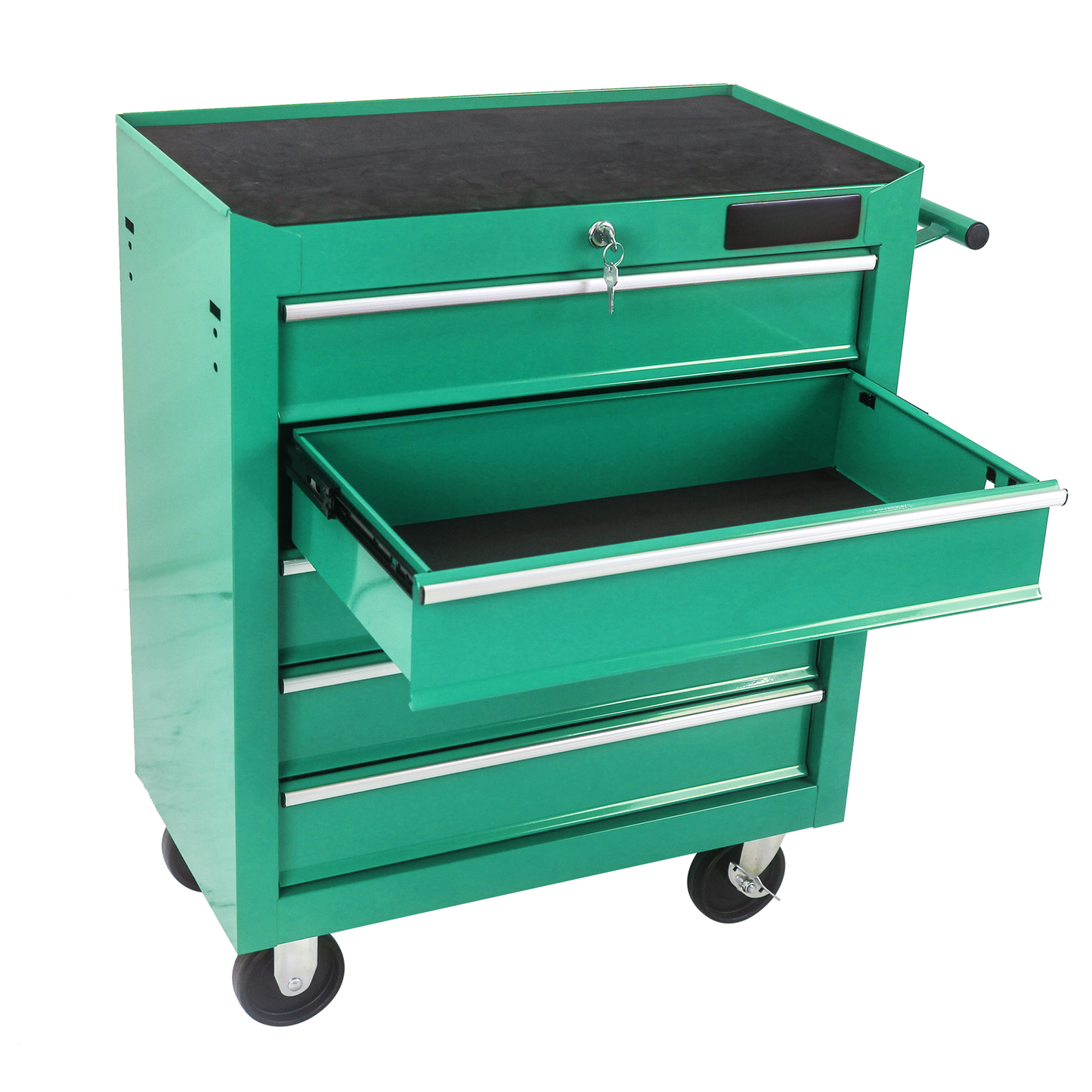 Green metal tool chest with four drawers one partially open