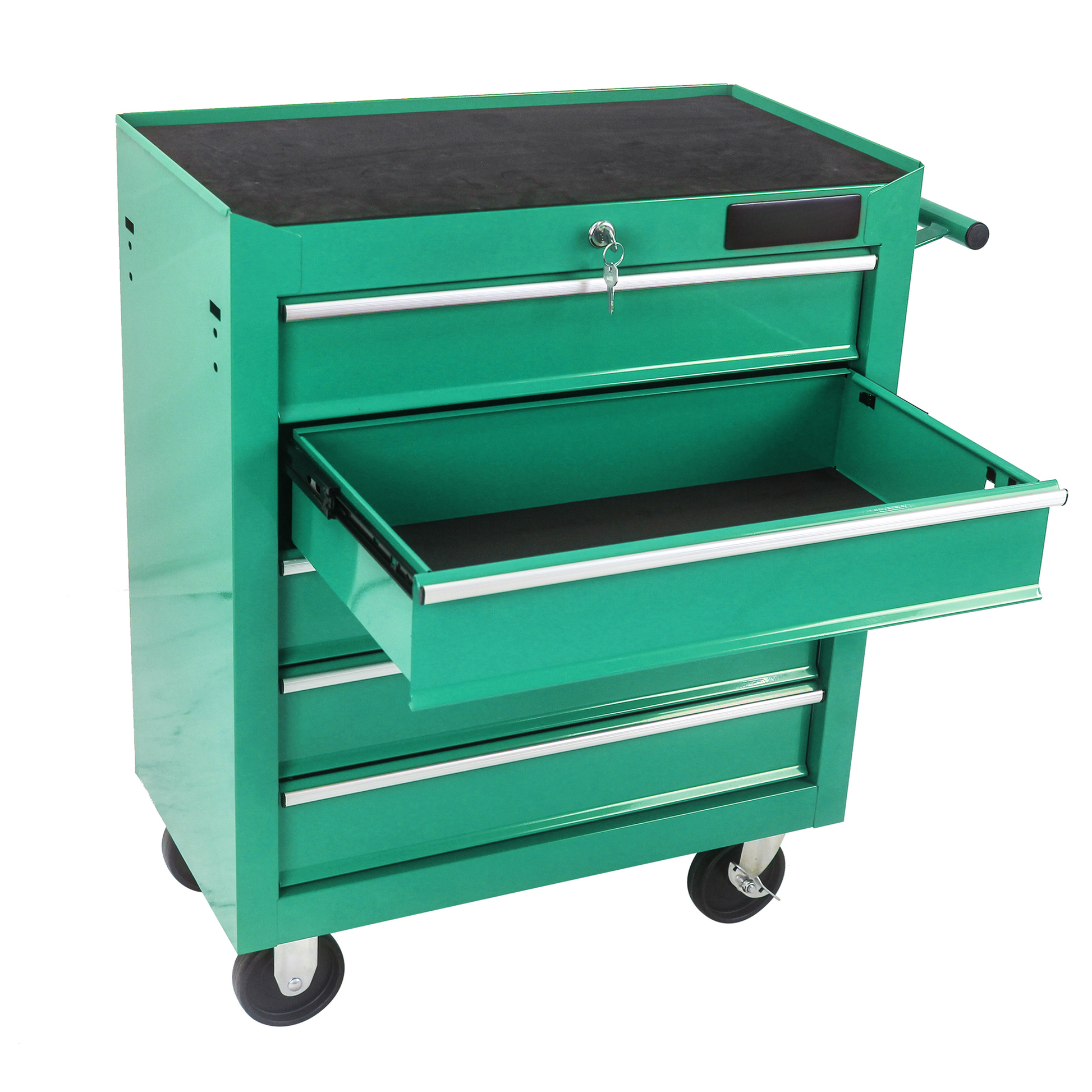 Green metal tool chest with four drawers one partially open