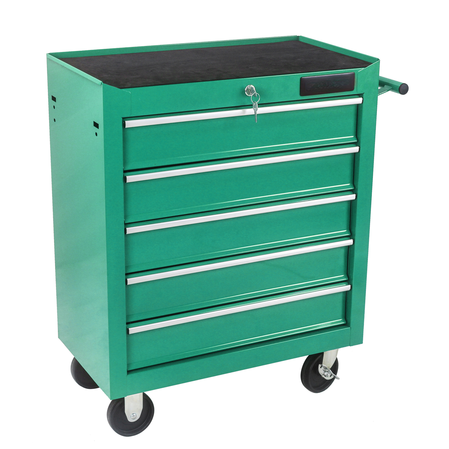 Green metal drawer rolling tool chest with key lock and black top