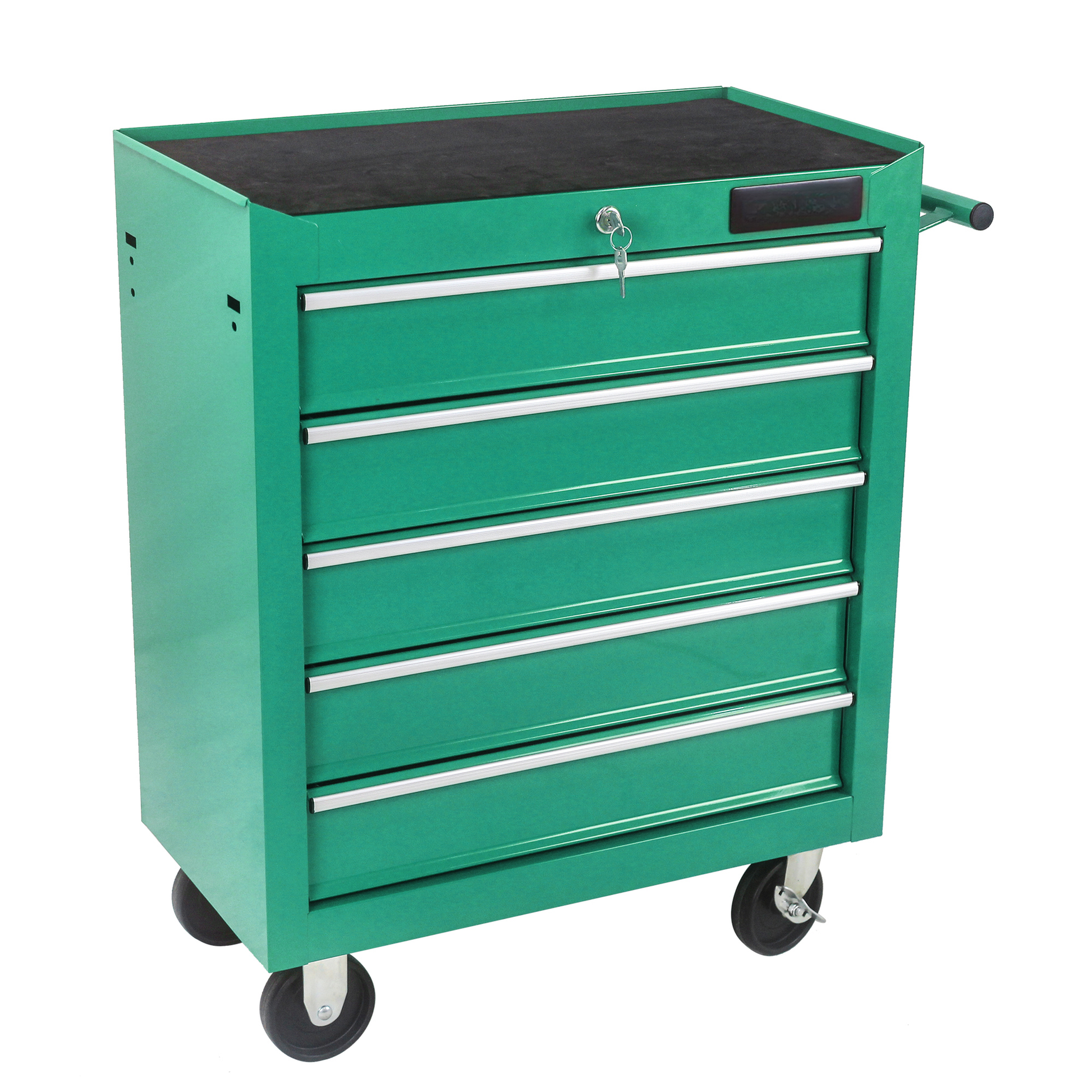 Green metal drawer rolling tool chest with key lock and black top