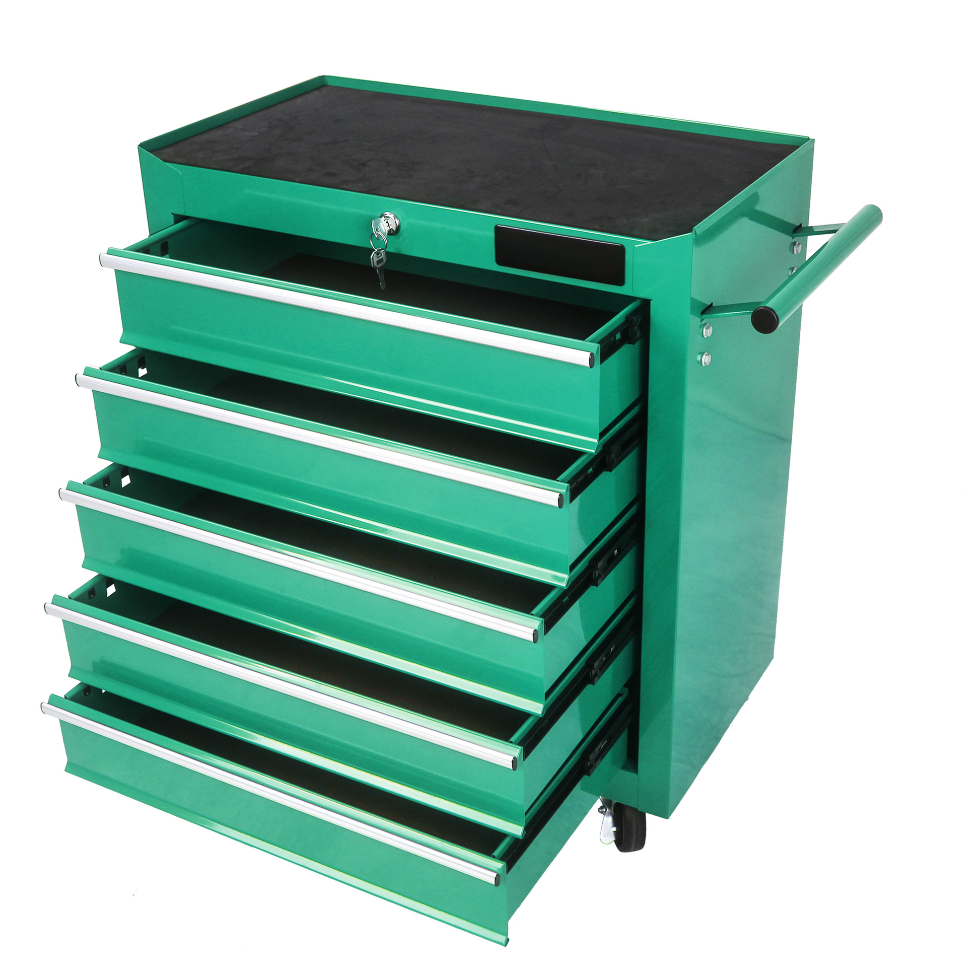 Green drawer rolling tool chest with a black mat top and silver handles