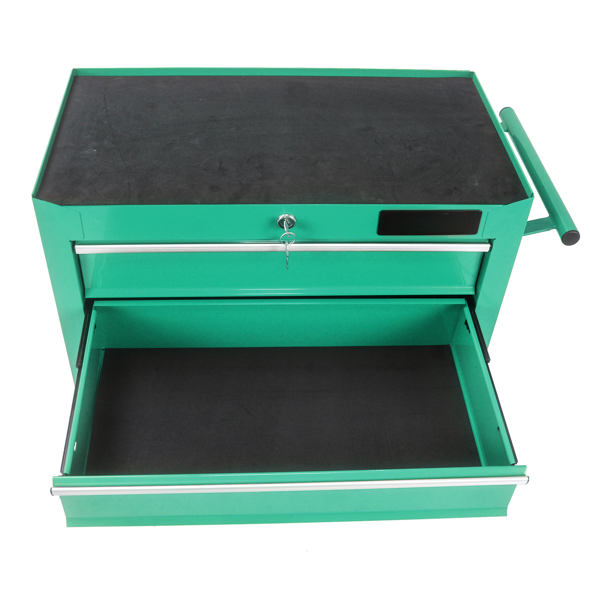 Green metal rolling tool chest with black liner one drawer open