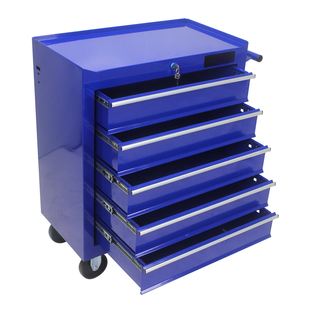 Blue drawer tool chest with silver trim and wheels