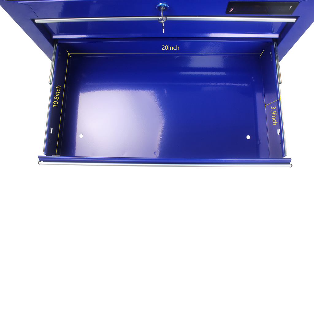 Blue metal toolbox drawer with inch width and inch depth