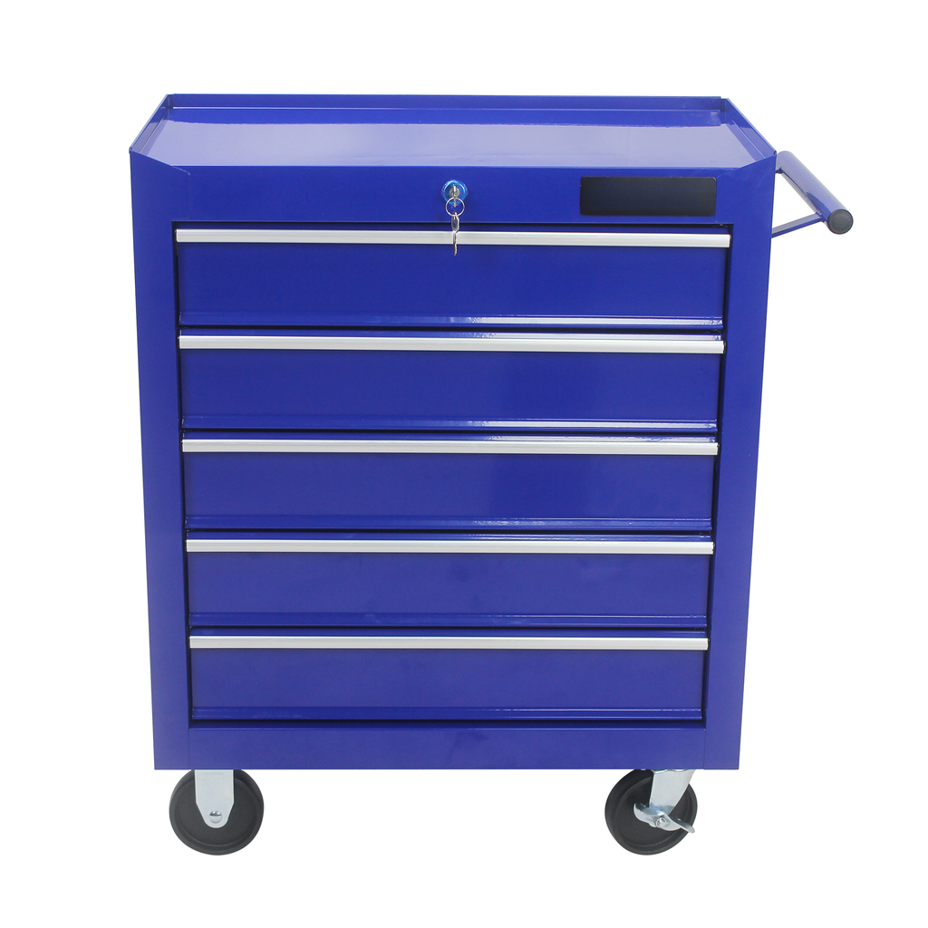 Blue drawer rolling tool chest with a key lock and chrome handles for garage organization