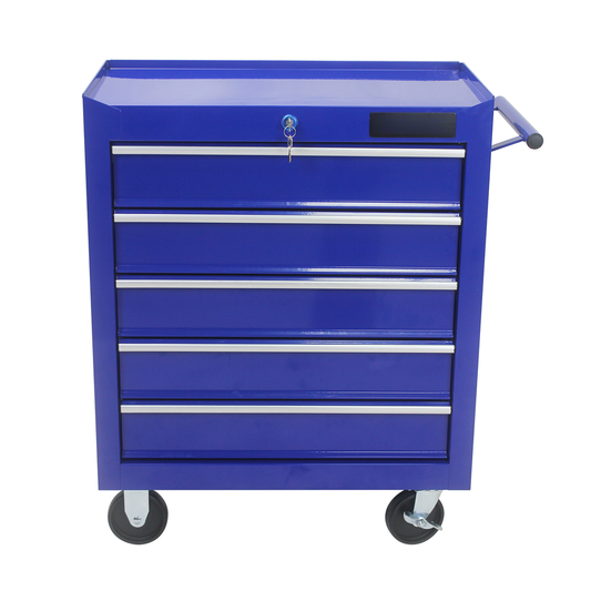 Blue drawer rolling tool chest with a key lock and chrome handles for garage organization