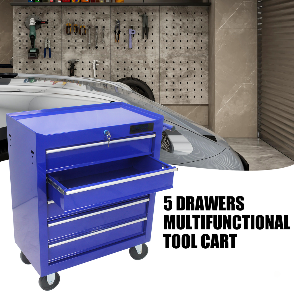 Blue drawer multifunctional tool cart with open drawers and a key lock