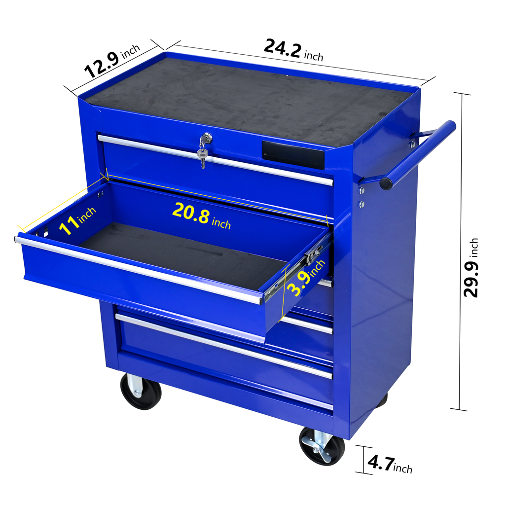 Blue rolling tool chest with three drawers one extended for inch width